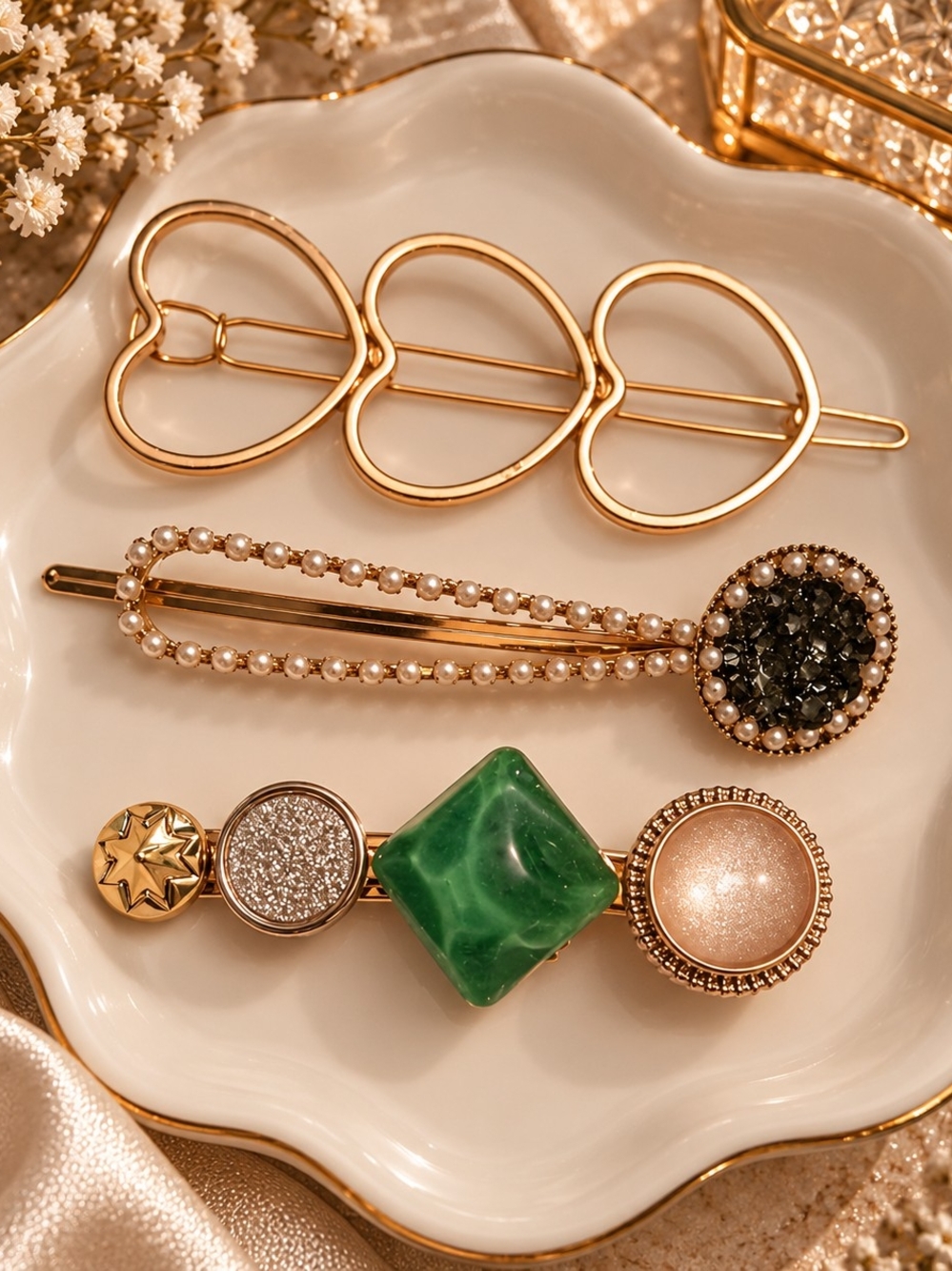 Gold Heart and Green Decorative Hair Clip Set Pearl Vintage Look New